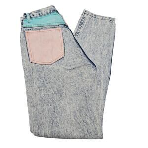 80s Acid Wash Cap Ferrat Denim Blue Jean Pink Blue High Waisted Mom Jeans Size 7